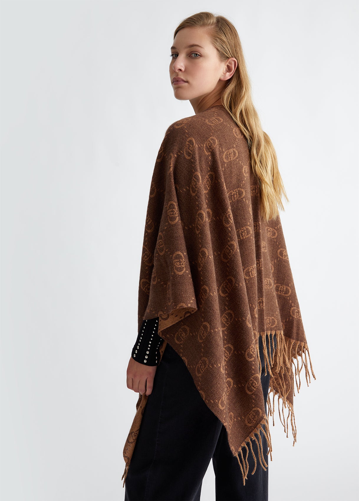 Poncho with jacquard monogram logo dark brown