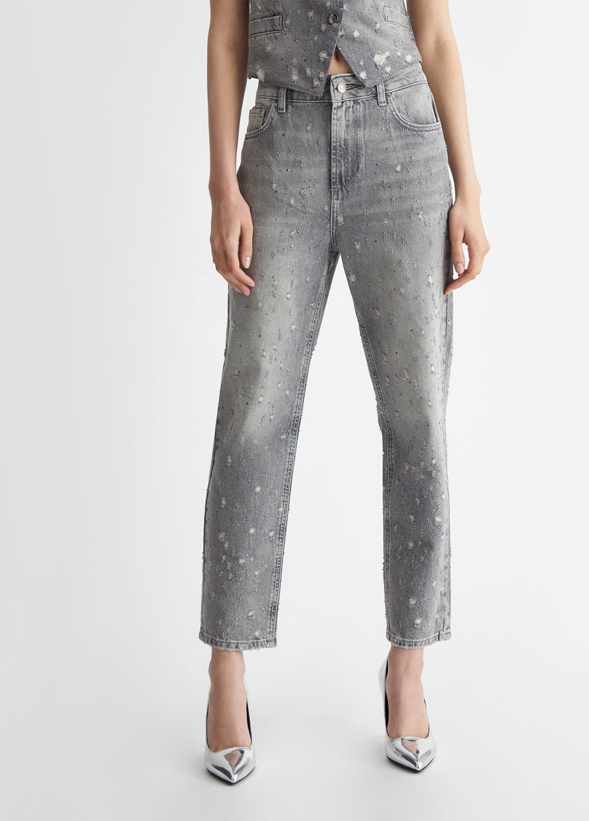 Straight-leg jeans with rhinestones grey denim 24
